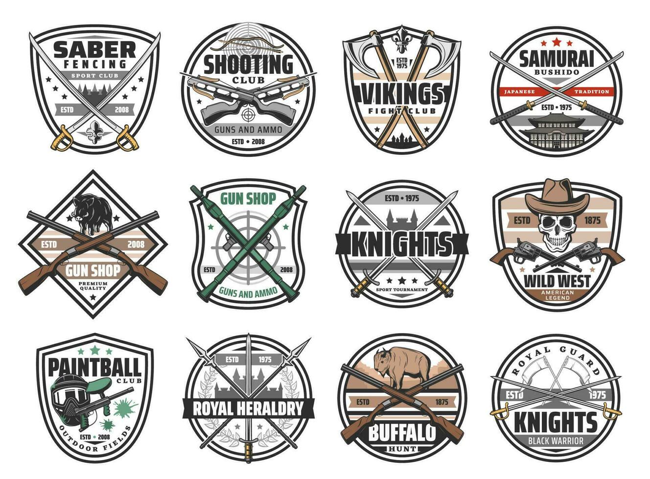 Guns, battle weapon and hunting ammo vector icons