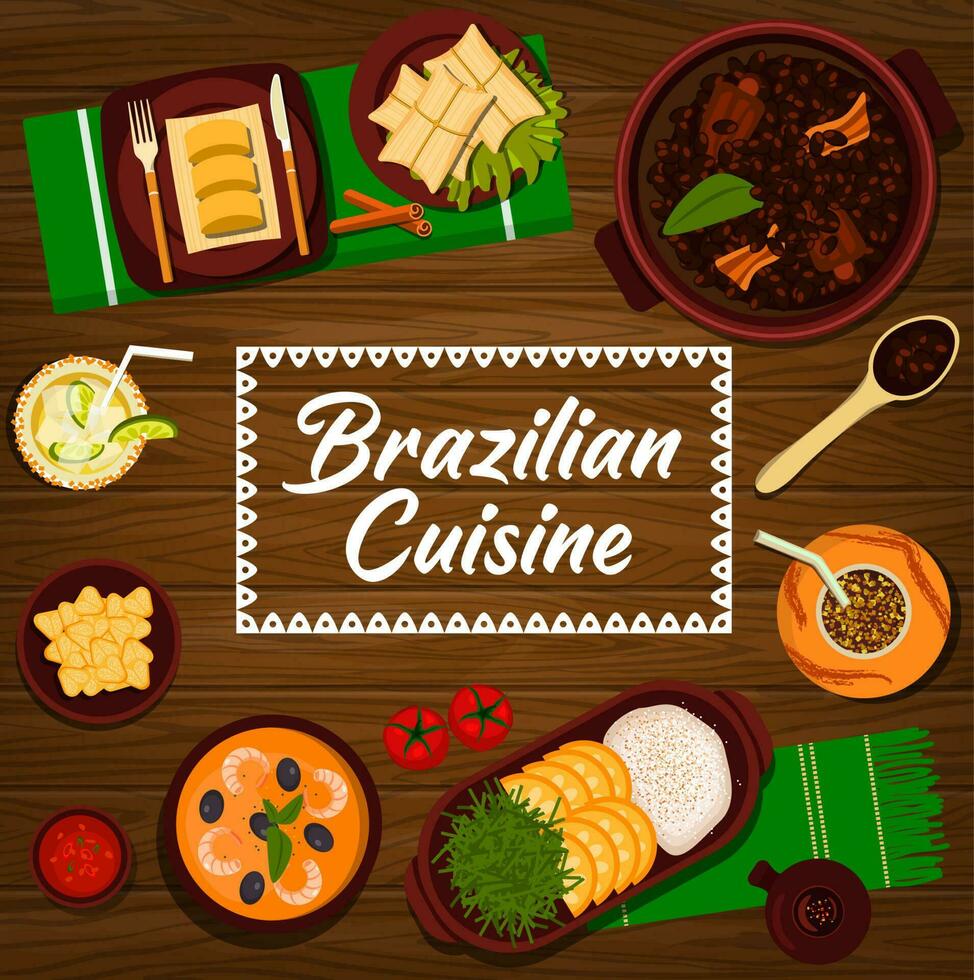 Brazilian cuisine cartoon poster, Brazil meals vector