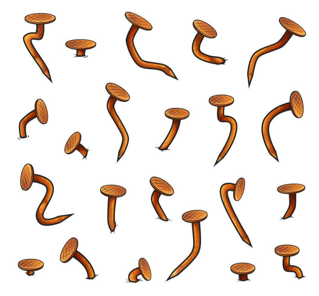 Rusty metal bent nails or heads cartoon vector set