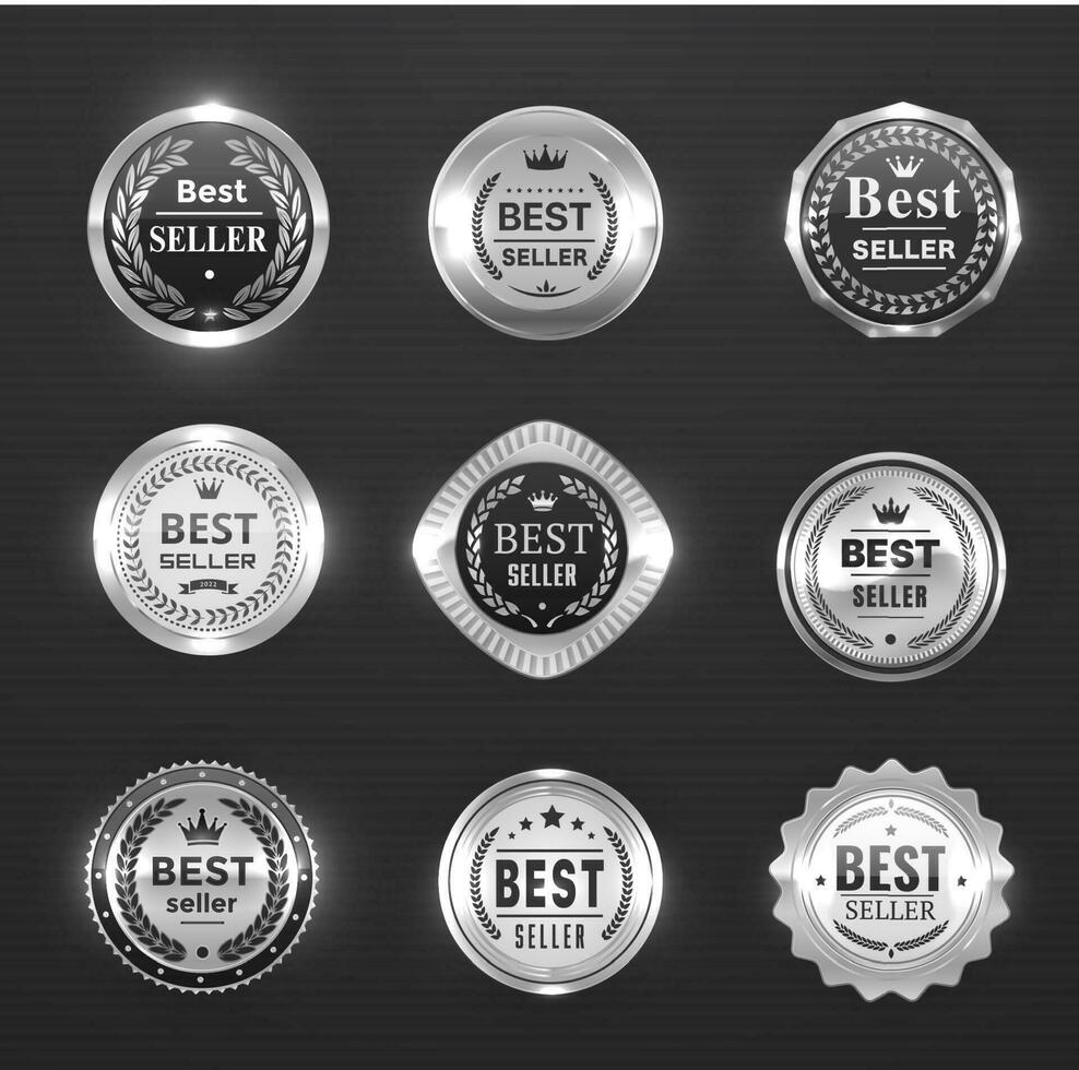 Best seller silver labels, awards and seal, medals vector