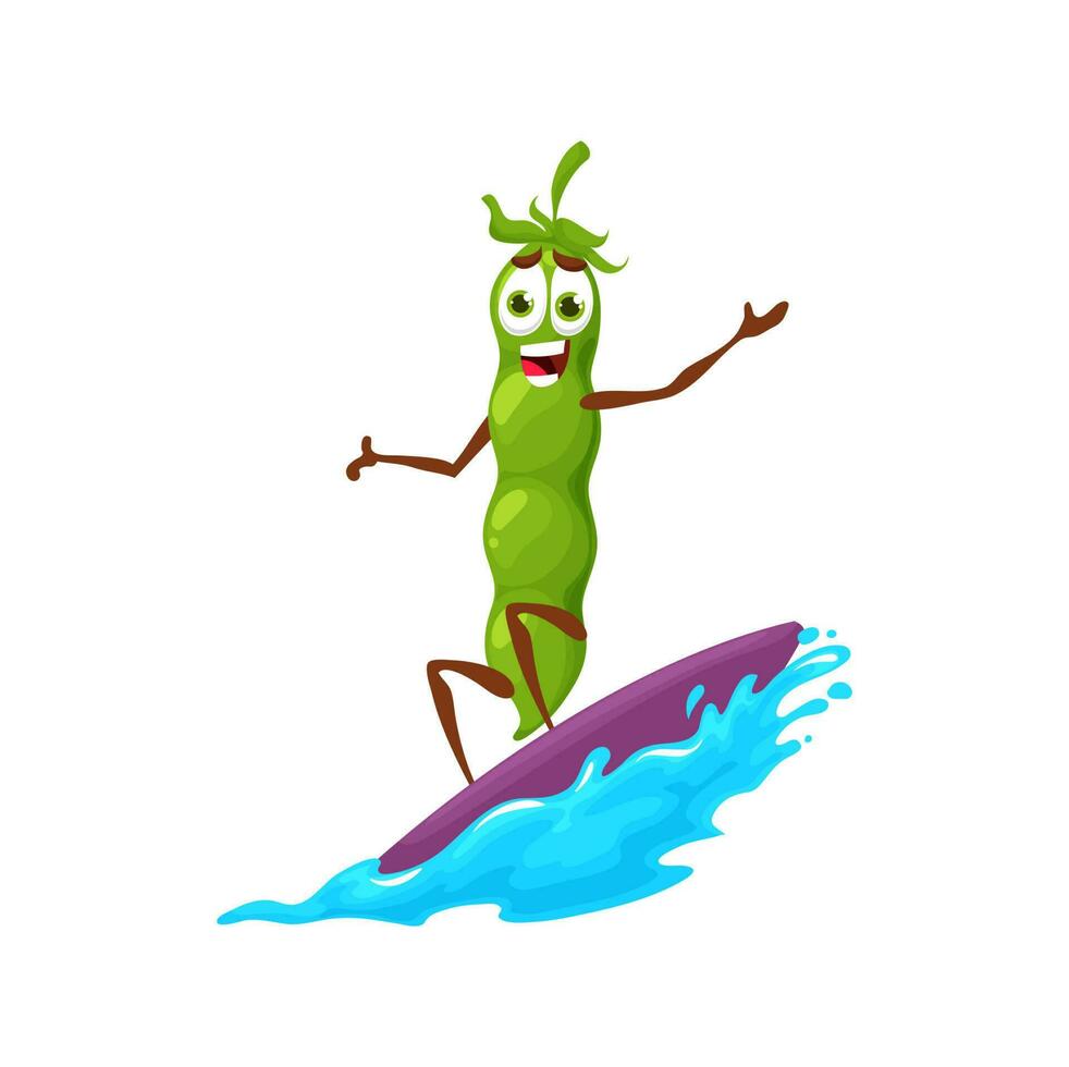Cartoon happy green pea character on surf board vector