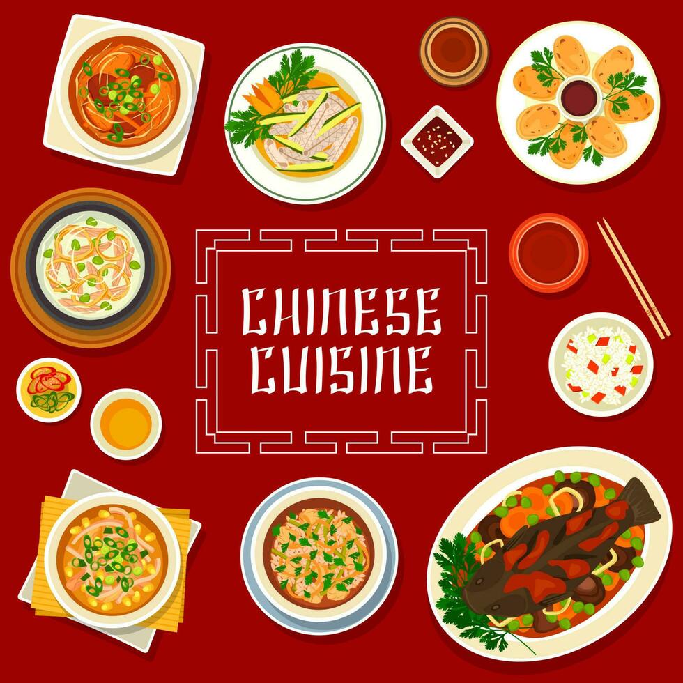 chino cocina alimento, restaurante menú cubrir platos vector