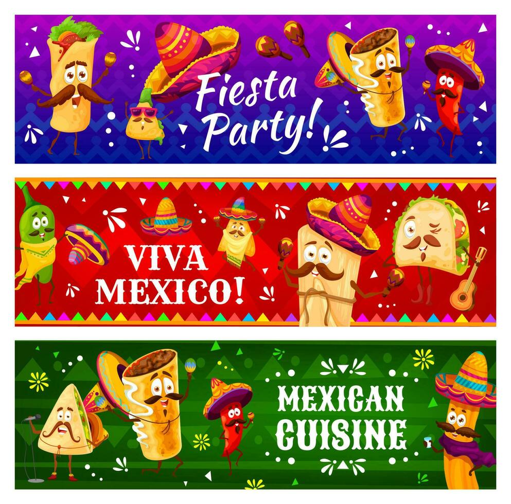 Fiesta party, mexican festival banners with meals vector