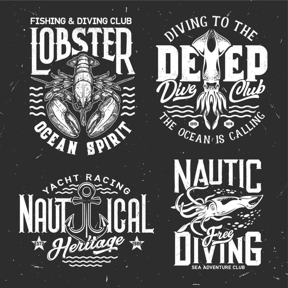 Tshirt prints with underwater animals and anchor vector