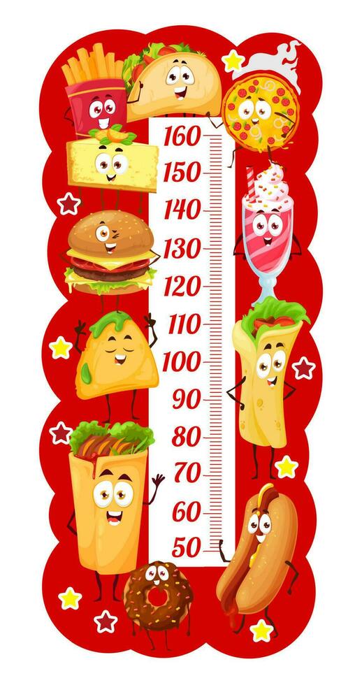 Cartoon fast food characters, kids height chart vector