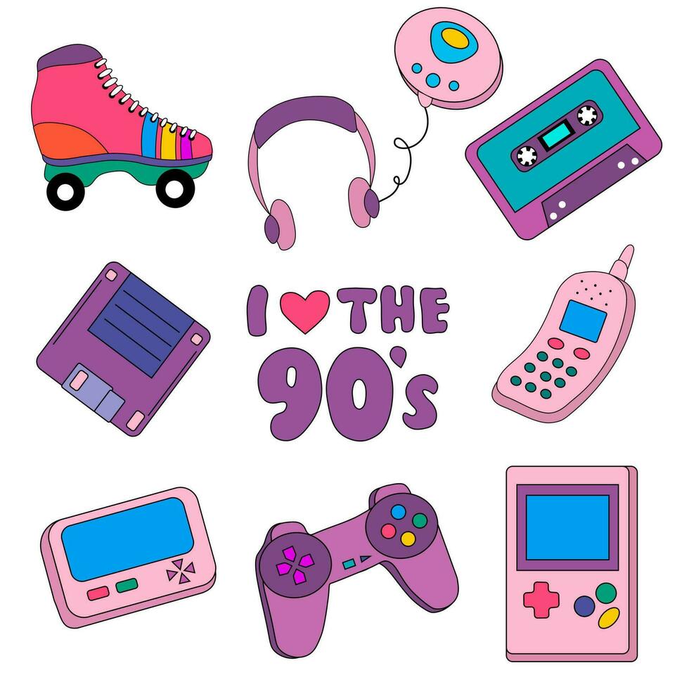 Collection of colorful stickers, icons in 90s style. Vector illustration retro set from the era of the 90s. Vintage tetris, pager, joystick, cassette, player, roller skates, diskette, phone.