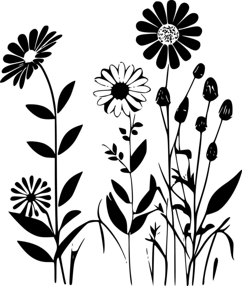 Vintage Flowers - Black and White Isolated Icon - Vector illustration