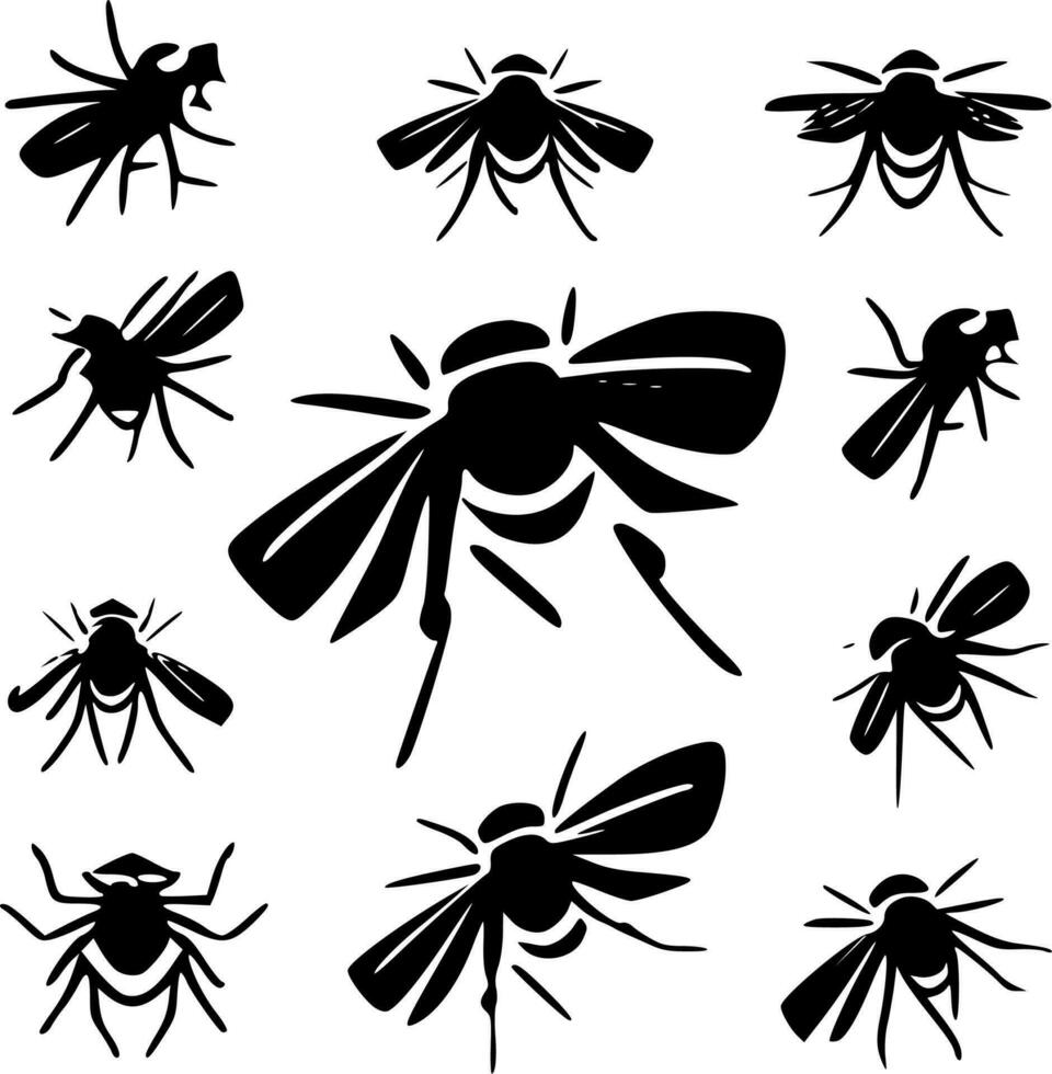 moscas icono colocar, negro y blanco vector ilustración