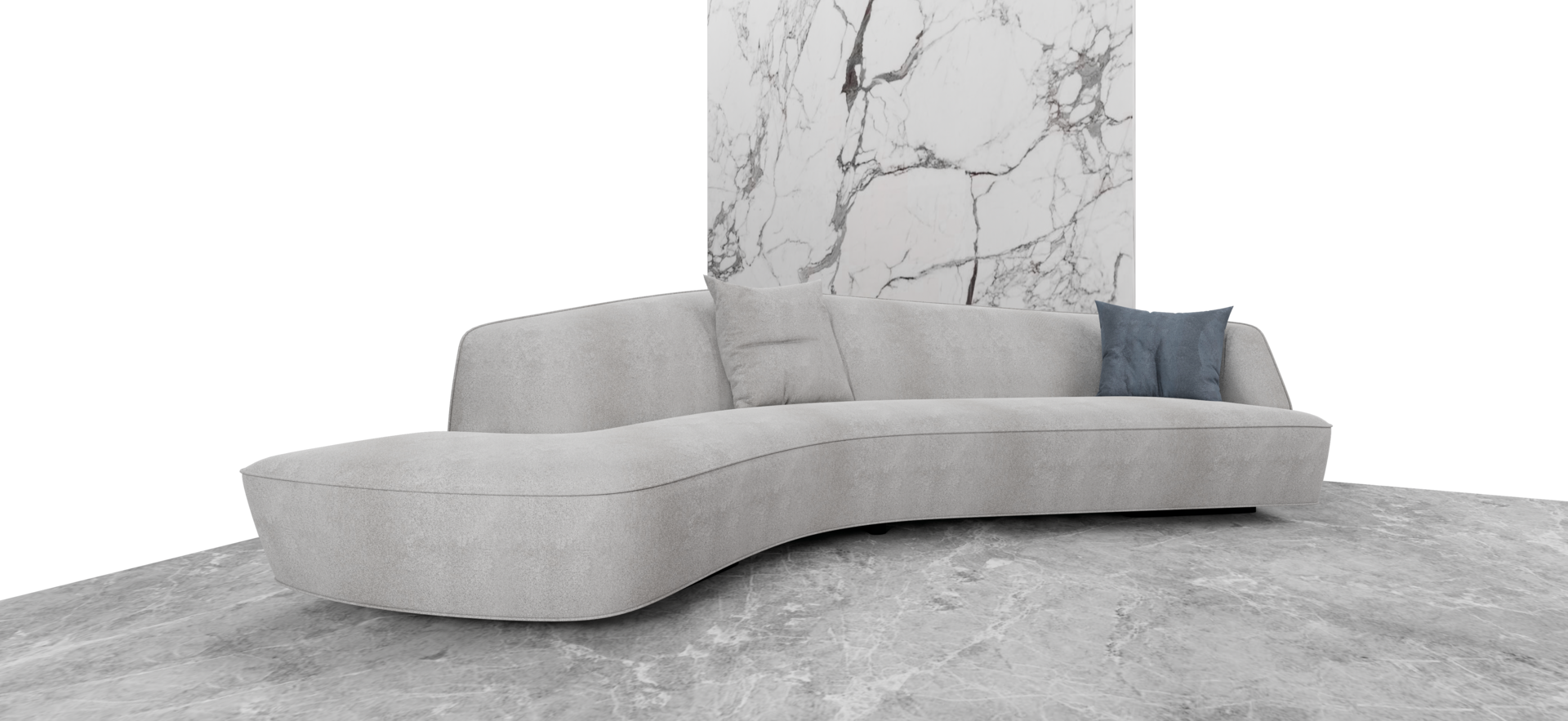 sofa gray velvet fabric and floor with stone wall on white background, 3D PNG. png