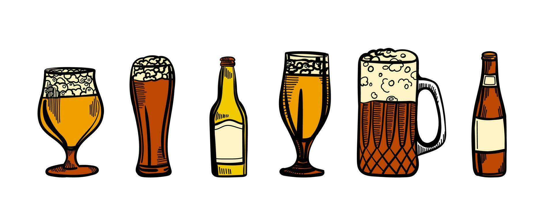 conjunto de cerveza anteojos, tazas, cinta, botella, y brincar. Clásico vector grabado ilustración para web, póster, invitación a fiesta. mano dibujado diseño elemento aislado en blanco antecedentes.