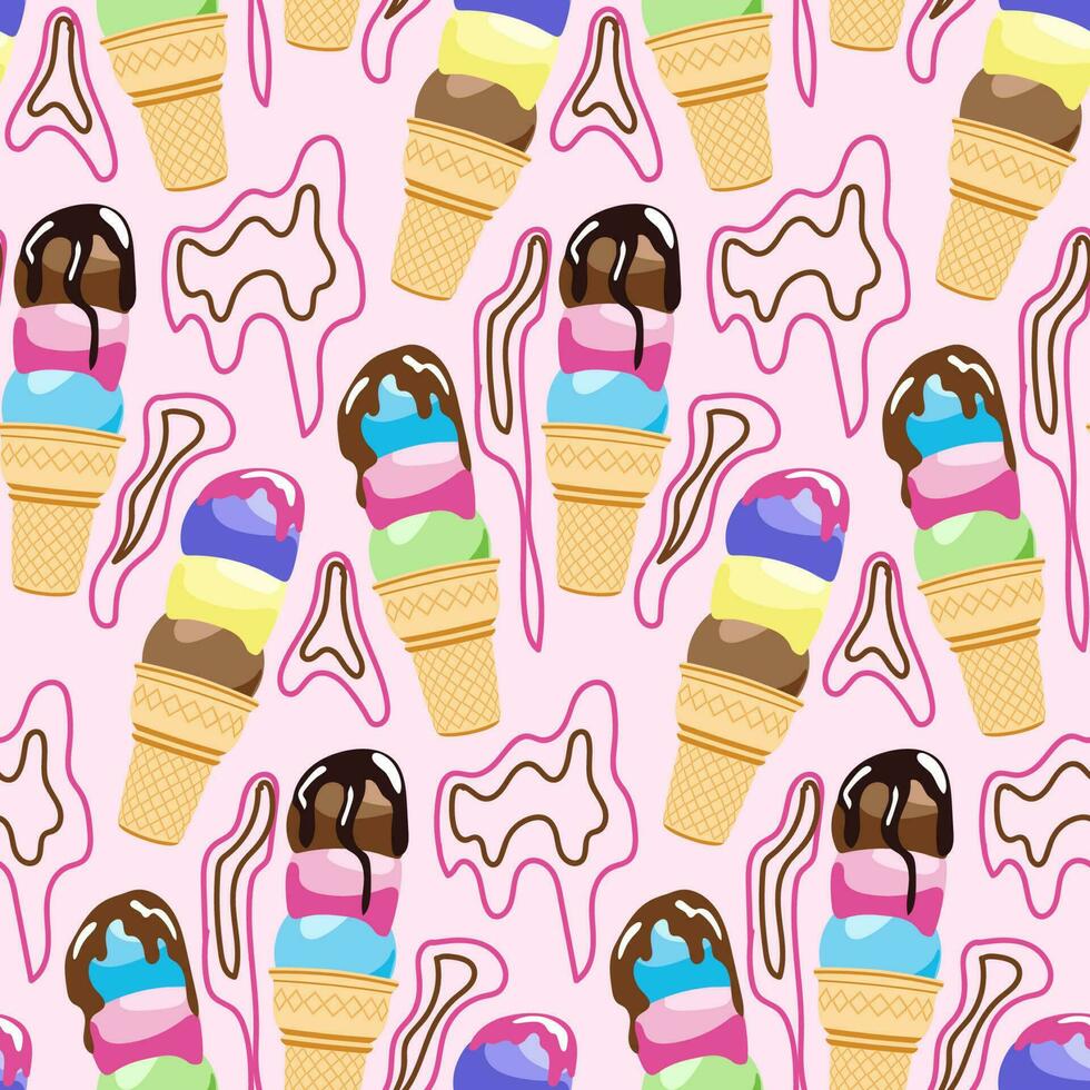 Cute ice cream in a waffle cone seamless pattern. Sweet dessert with chocolate topping. For textiles, paper, fabrics, wallpaper, wrapping, backdrop. Vector illustration.