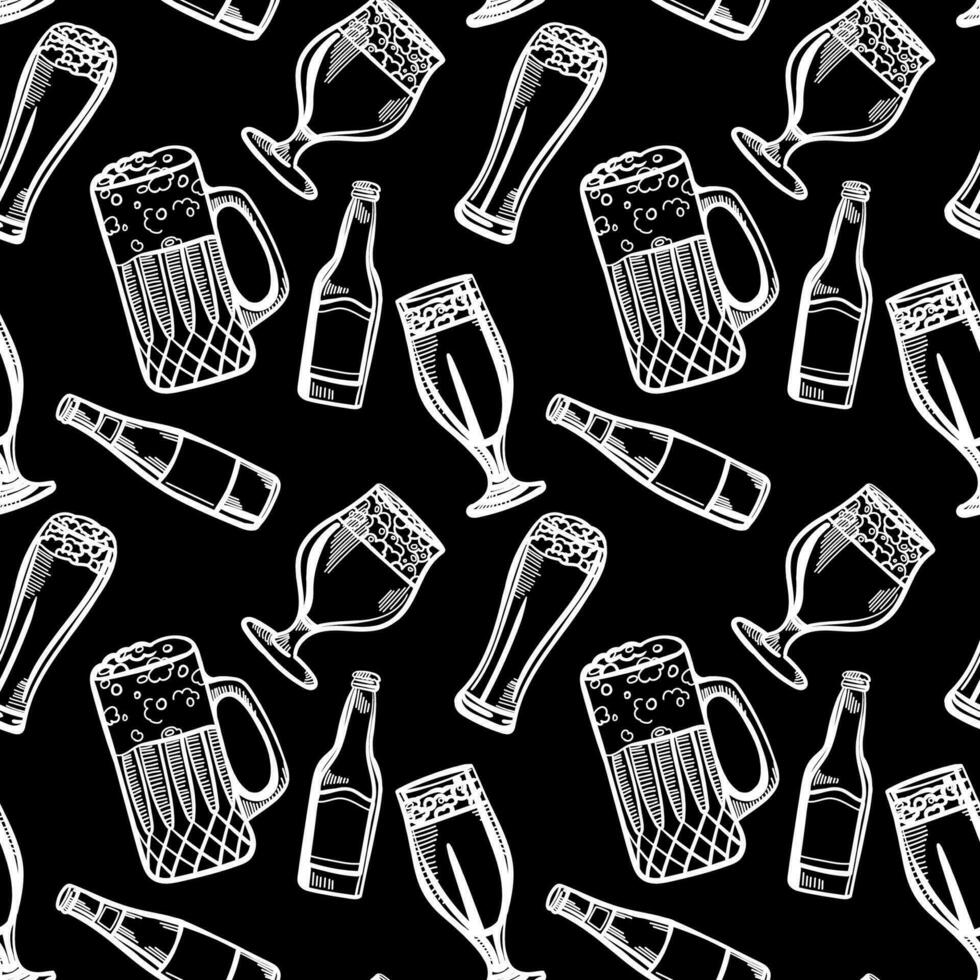 Craft beer seamless pattern. Mugs and glasses for toast with beer on black background. Vintage vector engraving illustration for web, poster, invitation to party