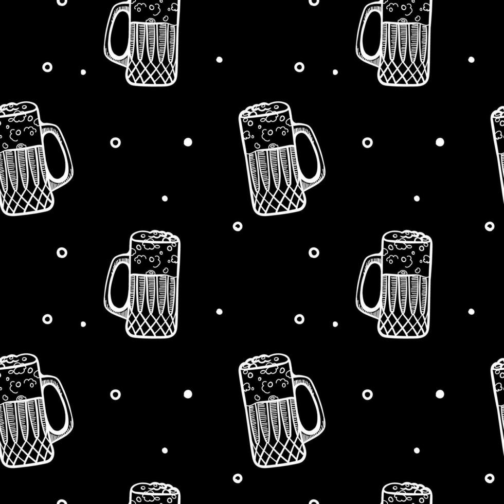 Craft beer seamless pattern. Mugs and glasses for toast with beer on black background. Vintage vector engraving illustration for web, poster, invitation to party