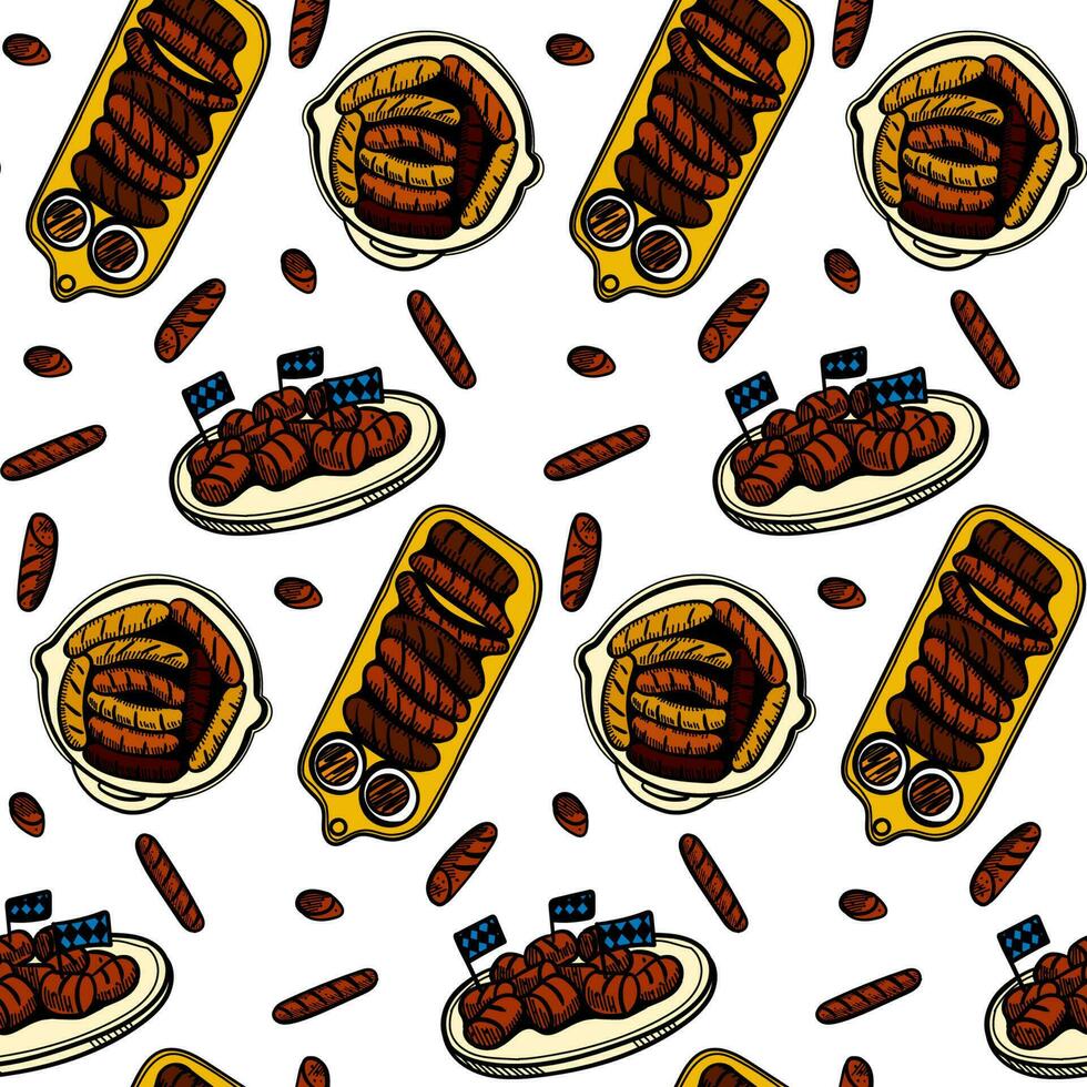 Oktoberfest seamless pattern with sausages and sauces. illustration background in ink hand drawn style. Ideal for textiles, packaging, paper printing, simple backgrounds and textures. Vector. vector