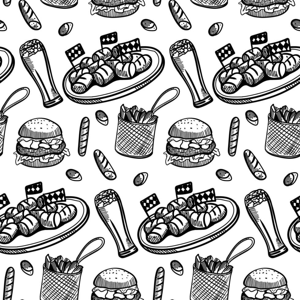 Street Food Seamless Pattern. Wrapping paper design. Yellow engraving style illustrations of burger and beer. EPS10 vector illustration.