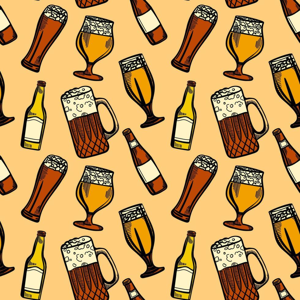 Vector seamless pattern with different beer glasses and mugs. illustration background in ink hand drawn style.