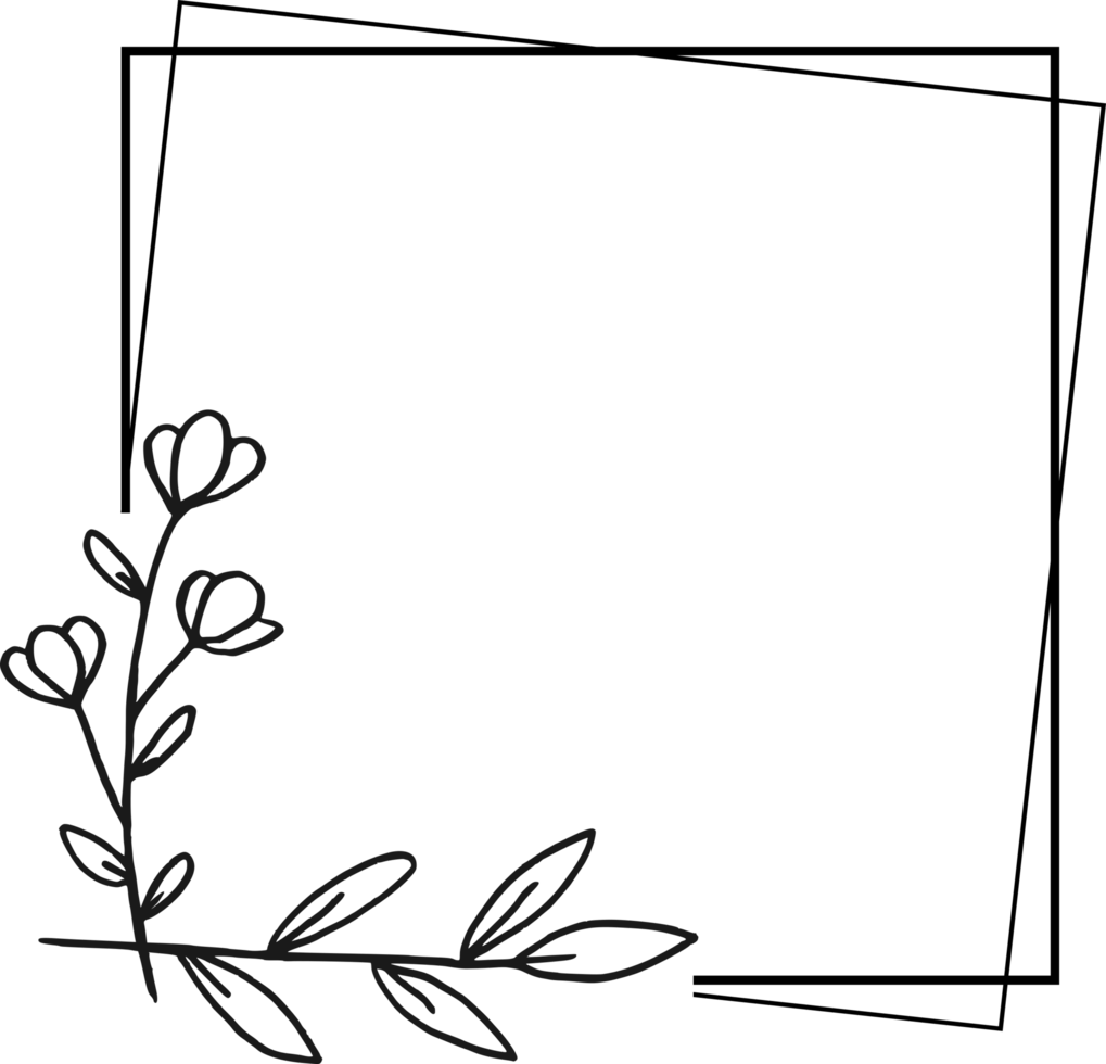 Simple square floral frame border with a corner of hand drawn plants for a wedding or engagement or greeting card png