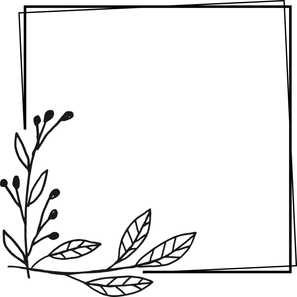 Simple square floral frame border with a corner of hand drawn plants for a wedding or engagement or greeting card png