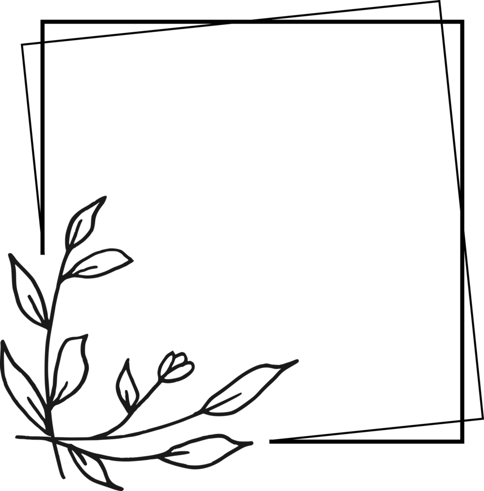Simple square floral frame border with a corner of hand drawn plants for a wedding or engagement or greeting card png