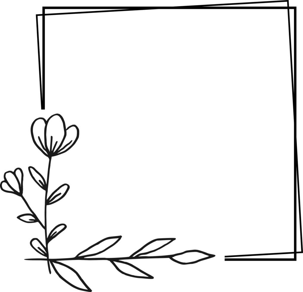 Simple square floral frame border with a corner of hand drawn plants for a wedding or engagement or greeting card png