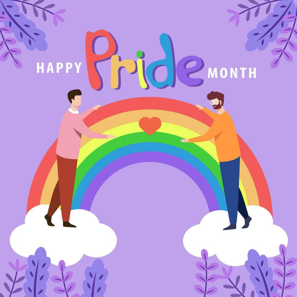 Couple of men are in love with each other. standing on the clouds with rainbow vector on purple background. Happy Pride Month illustration. LGBTQ concept.