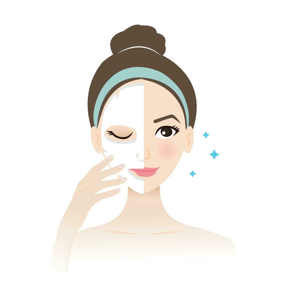 The cute woman remove facial sheet mask vector isolated on white background. Step of use sheet mask, place on face, then remove it and reveal beauty skin. How to and face care concept illustration.