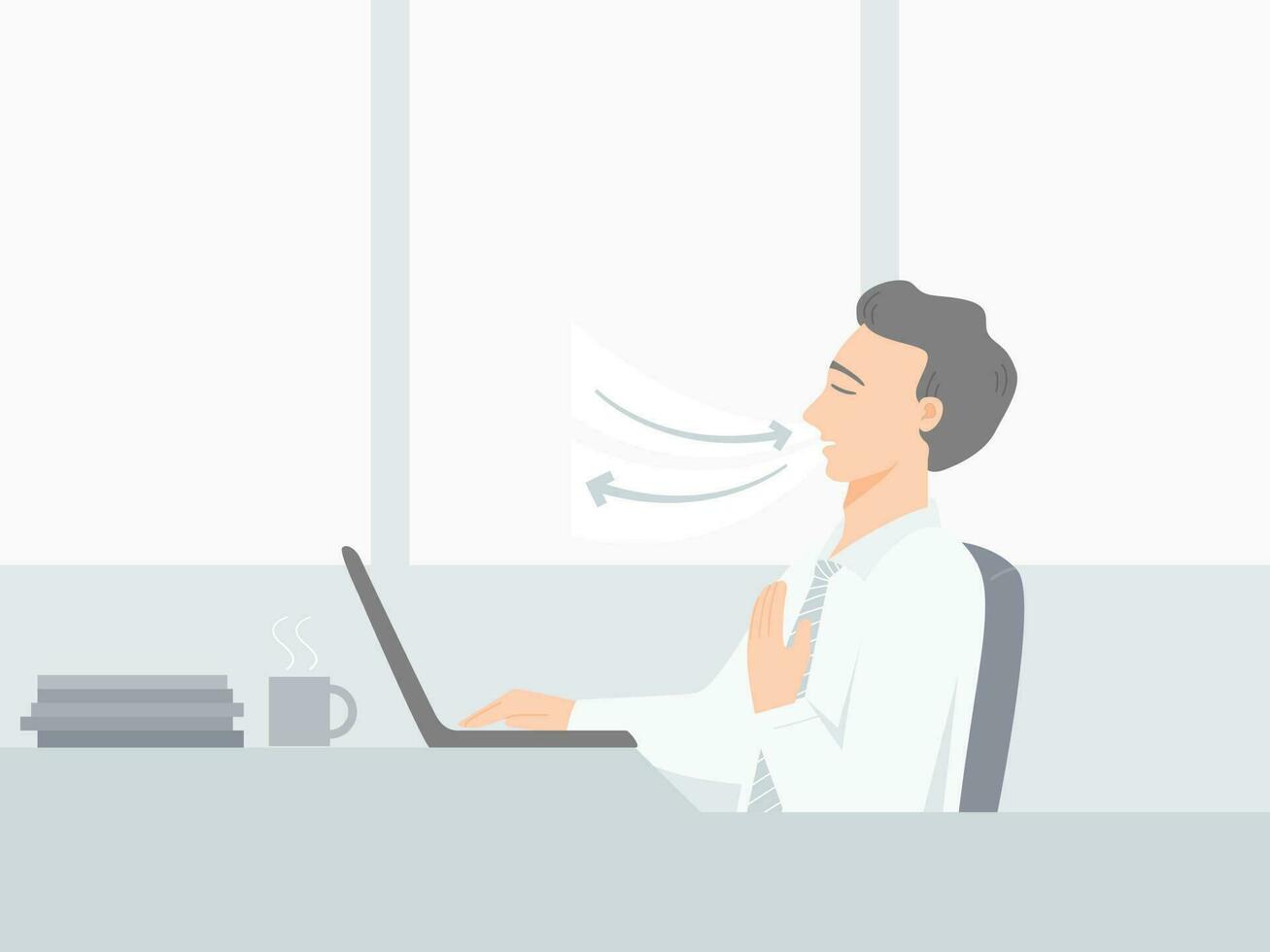 A businessman with laptop manage his stress and anxiety by breathing exercise in office. Flat vector iluustration.