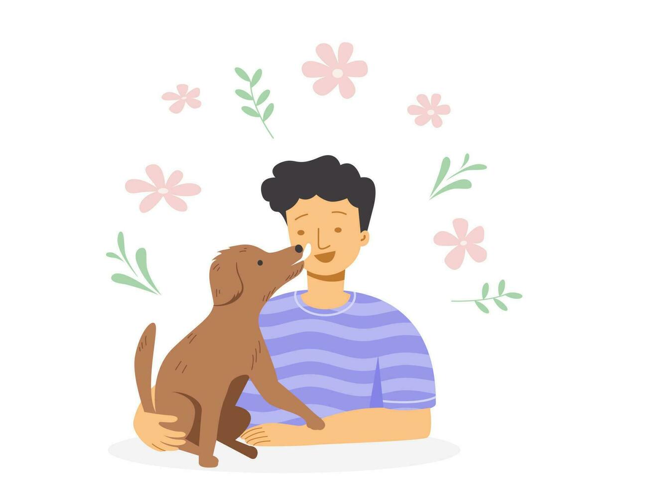 A dog licking of a boy's face, dog therapy concept. Flat vector illustration.