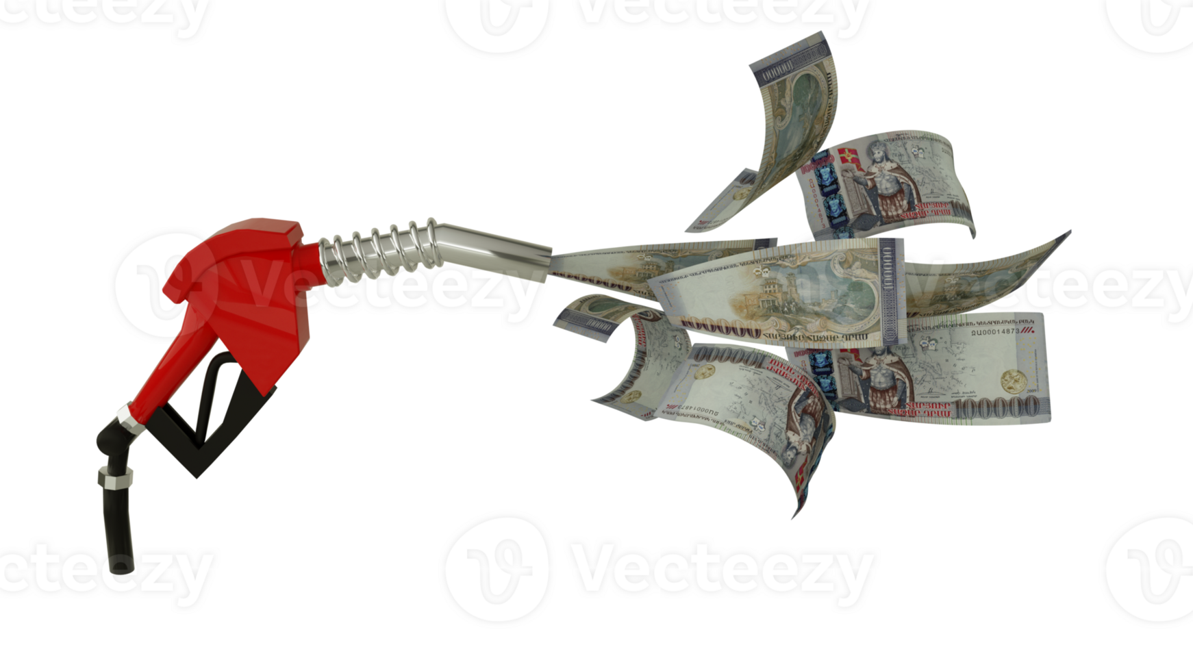 3d rendering of Armenian Dram notes coming out from fuel pump. red fuel nozzle with dinar flying around png