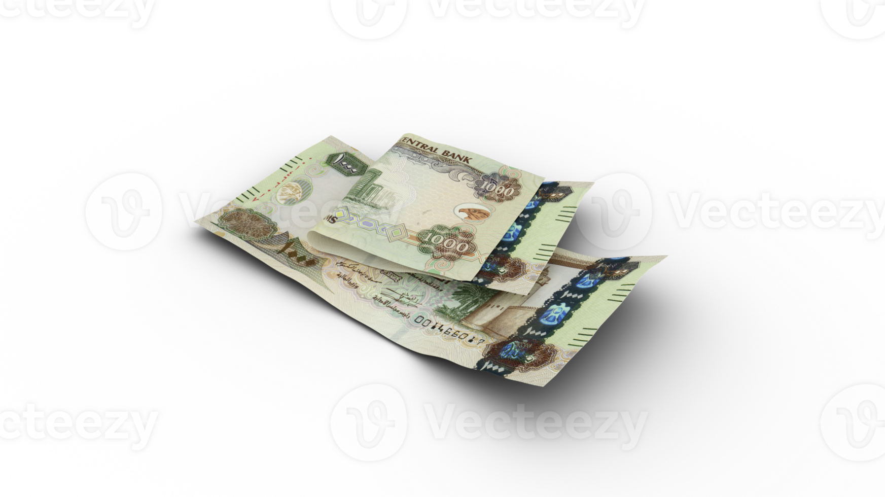 3D rendering of Double 1000 United Arab Emirates dirham notes isolated on transparent background. Emirati Dirham png