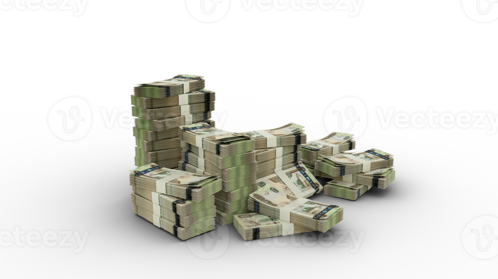 Stack of United Arab Emirates Dirham notes. 3d rendering of bundles of money isolated on transparent background png