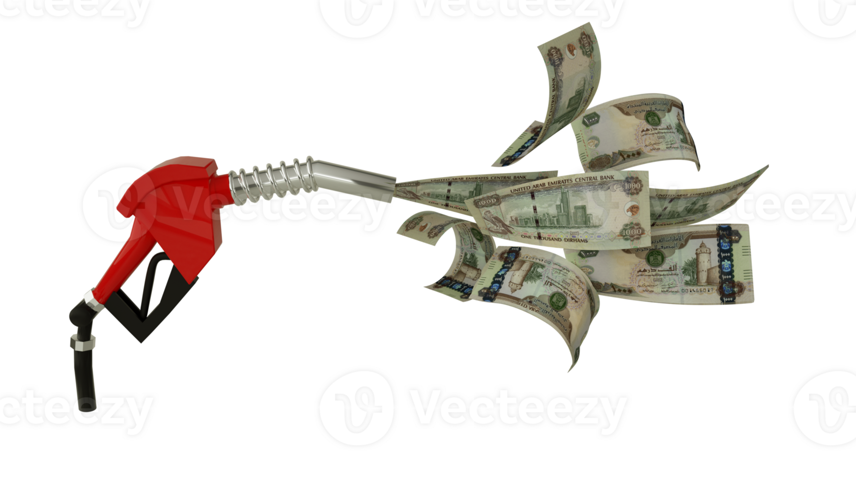 3d interpretazione di nuovo unito arabo Emirates dirham Appunti In arrivo su a partire dal carburante pompa. rosso carburante ugello con dirham volante in giro png