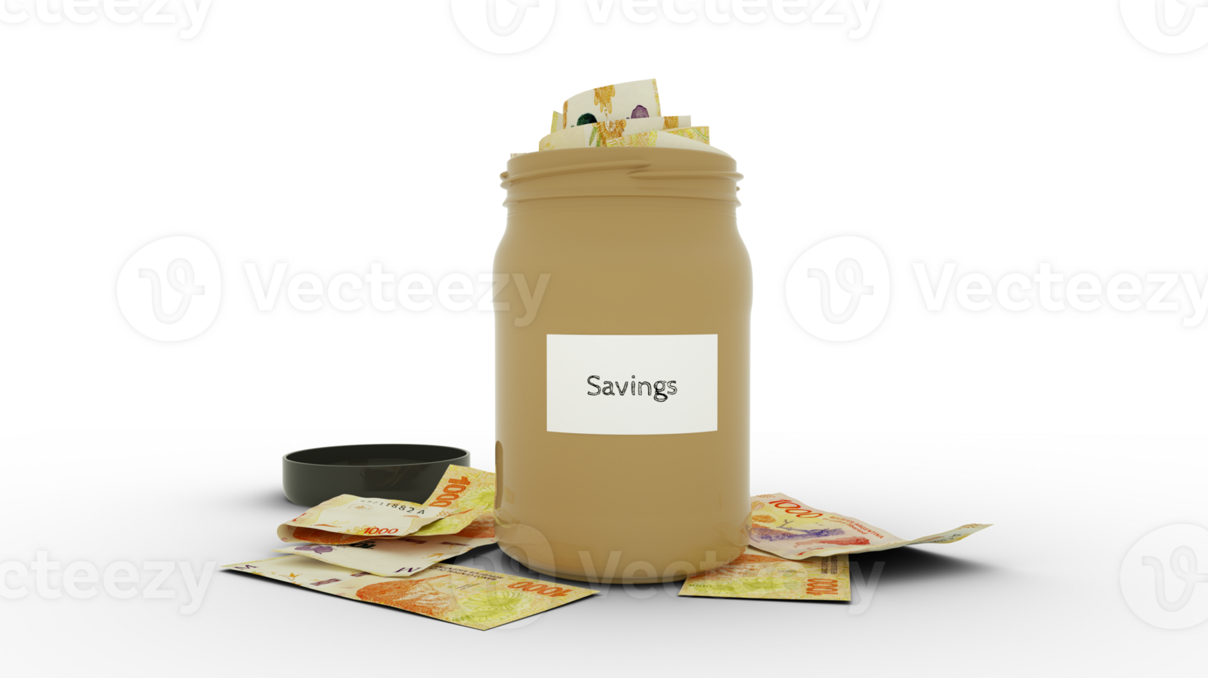 3D rendering of Argentine peso notes in savings container. container filled to the top with Argentine currency notes png