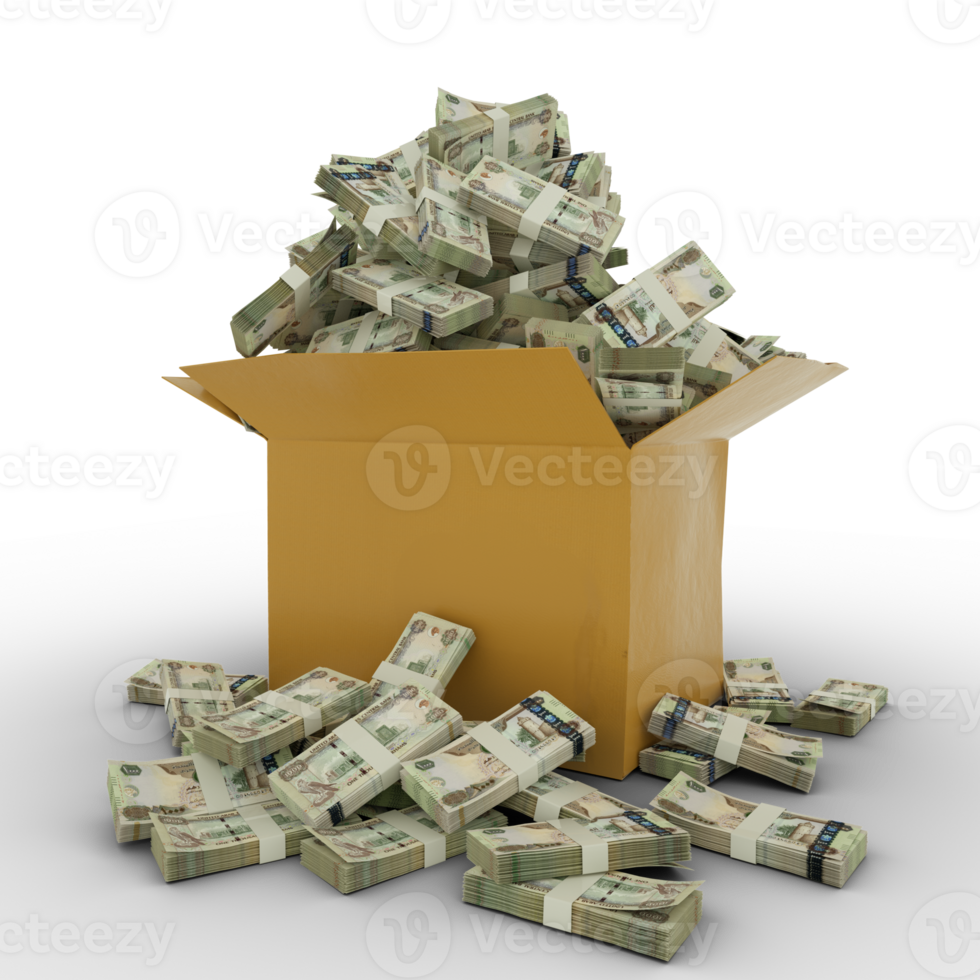 3d rendering of cardboard box full of 1000 United Arab Emirates dirham notes isolated on a white background png