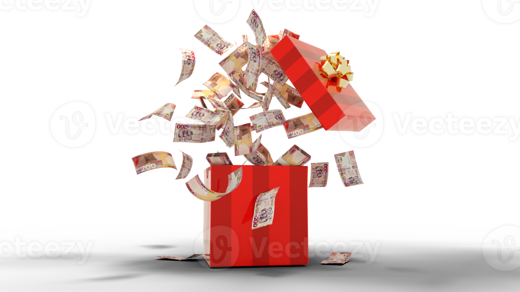 3D rendering of A lot of Ghanaian cedi notes coming out of an opened red gift box png