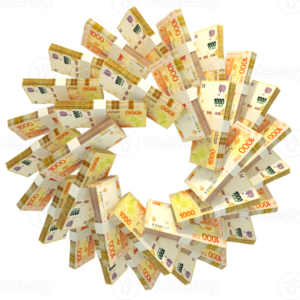 3d rendering of stacks of Argentine peso arranged in a circular pattern. png