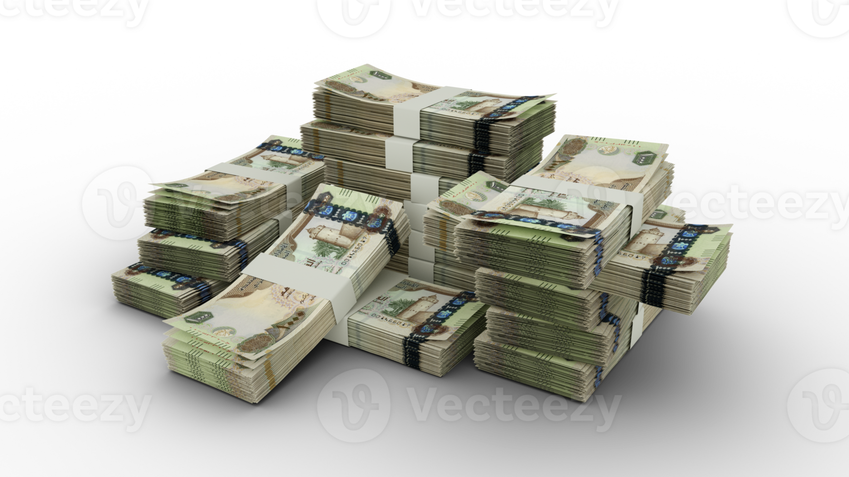 Bundles of Qatari riyal notes. 3D rendering of bundles of banknotes png