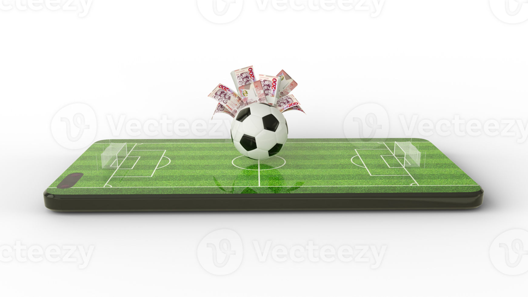 3d rendering of soccer field on mobile phone screen. Ghanaian cedi notes behind Football on phone screen. Soccer pitch on smartphone screen isolated on  transparent background. bet and win concept png