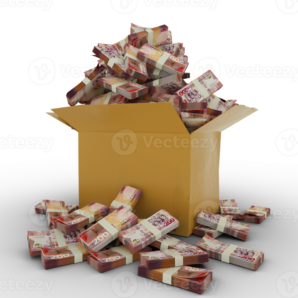 3d rendering of cardboard box full of Ghanaian cedi notes isolated on a  transparent background png