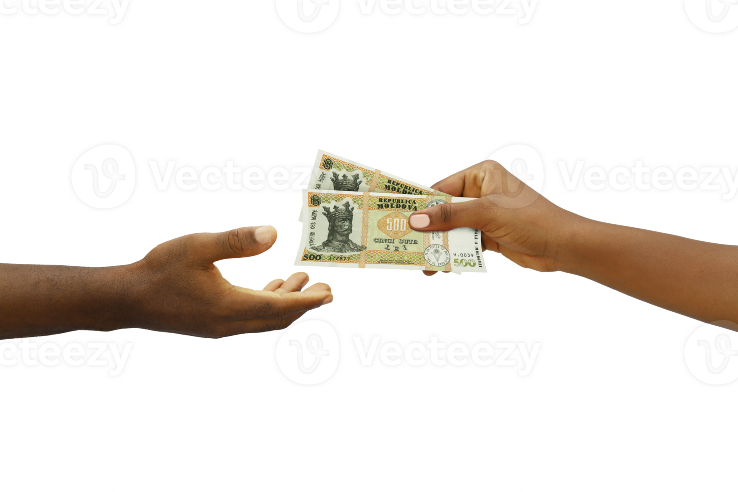 Hand giving 3D rendered Moldovan leu notes to another hand. Hand receiving money png