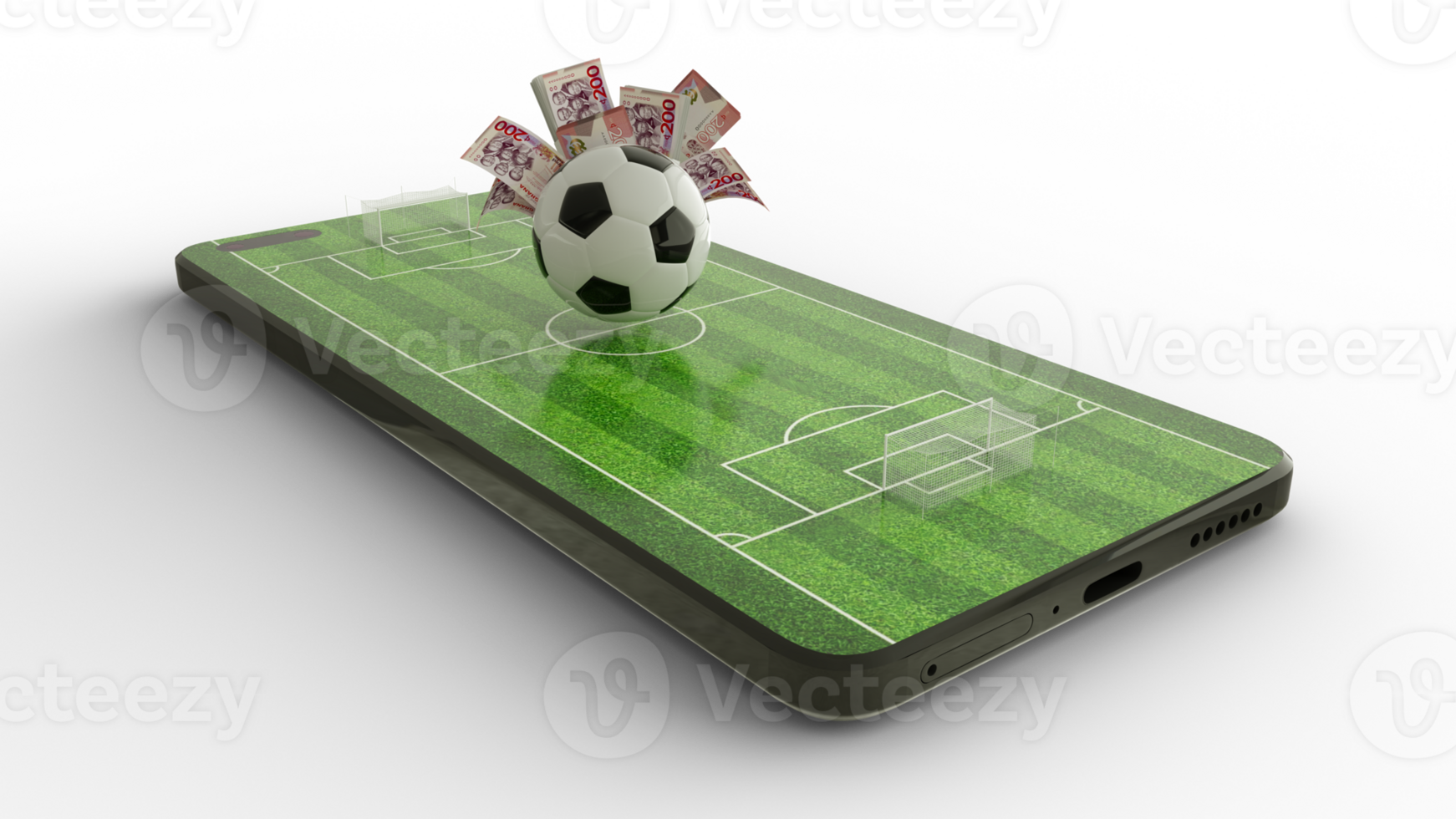 3d rendering of soccer field on mobile phone screen. Ghanaian cedi notes behind Football on phone screen. Soccer pitch on smartphone screen isolated on transparent background. bet and win concept png