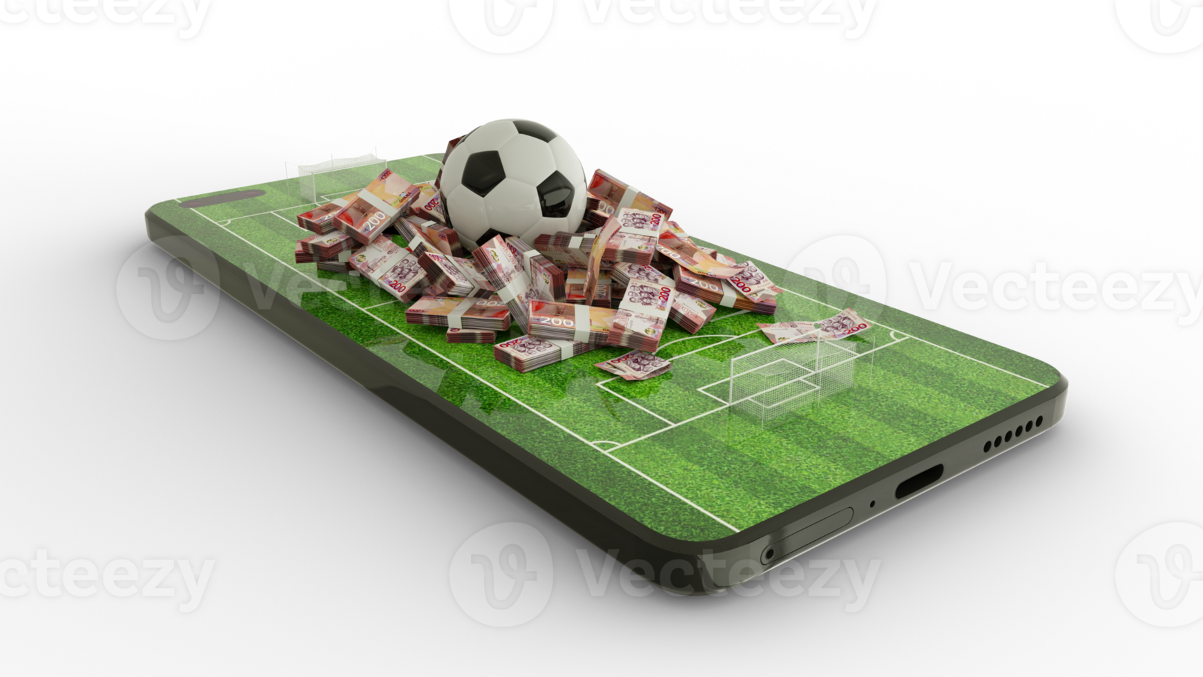 3d rendering of soccer field on mobile phone screen. Ghanaian cedi notes with Football on phone screen. Soccer pitch on smartphone screen isolated on transparent background. bet and win concept png