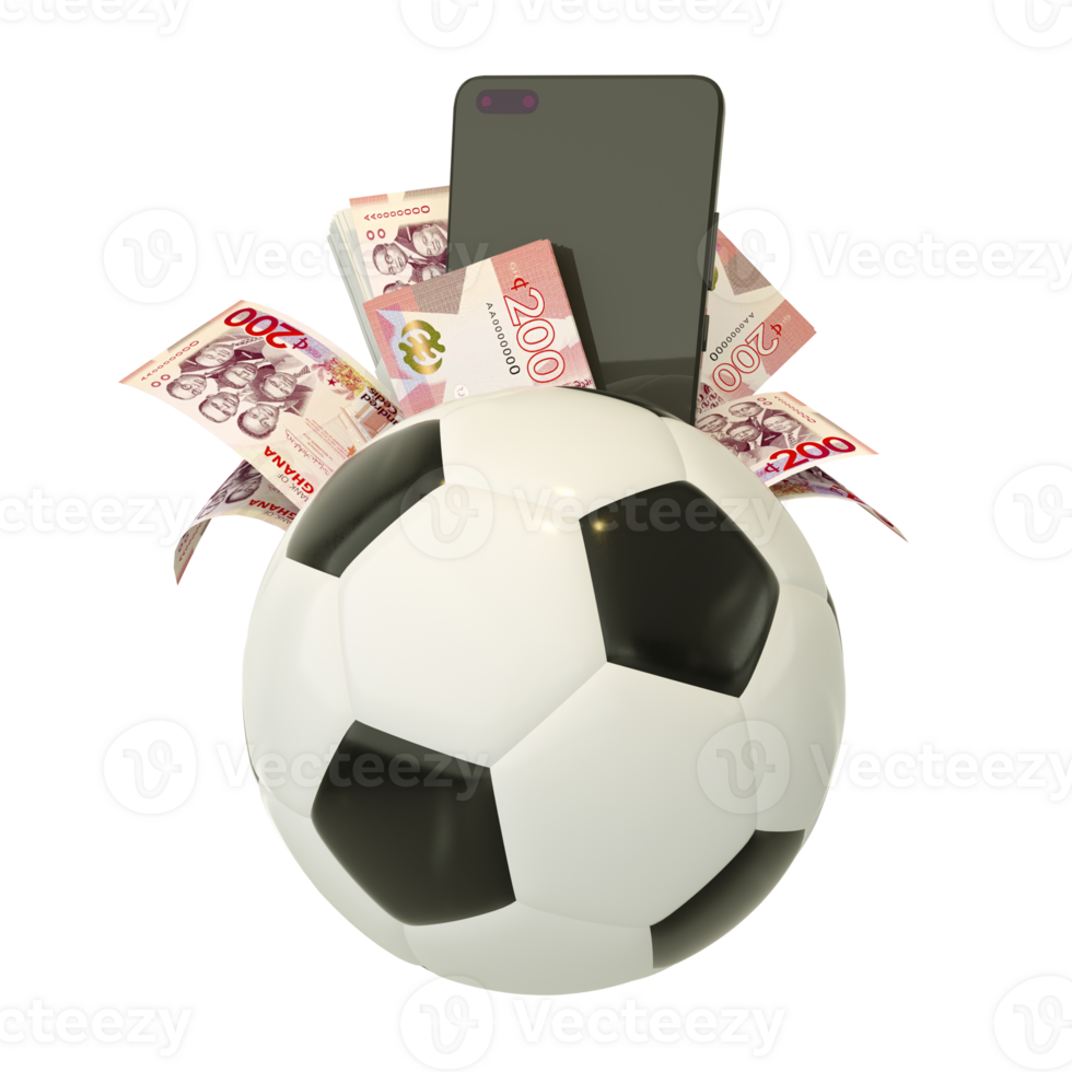 Representación 3d de billetes de cedi ghanés detrás de un balón de fútbol. apuestas deportivas, concepto de apuestas de fútbol aislado sobre fondo transparente png