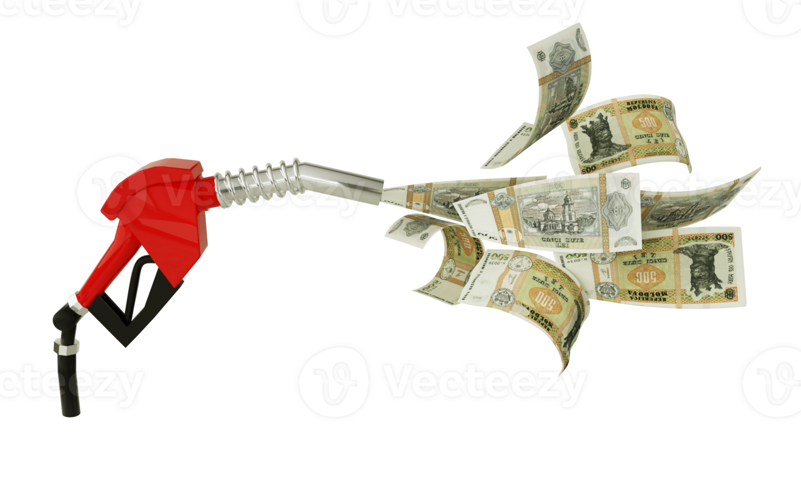 3d rendering of new Moldovan leu notes coming out from fuel pump. red fuel nozzle with Moldovan leu flying around png
