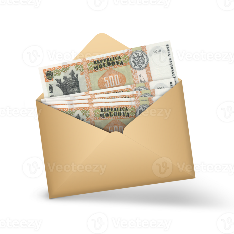 Moldovan leu notes inside an open brown envelope. 3D illustration of money in an open envelope png