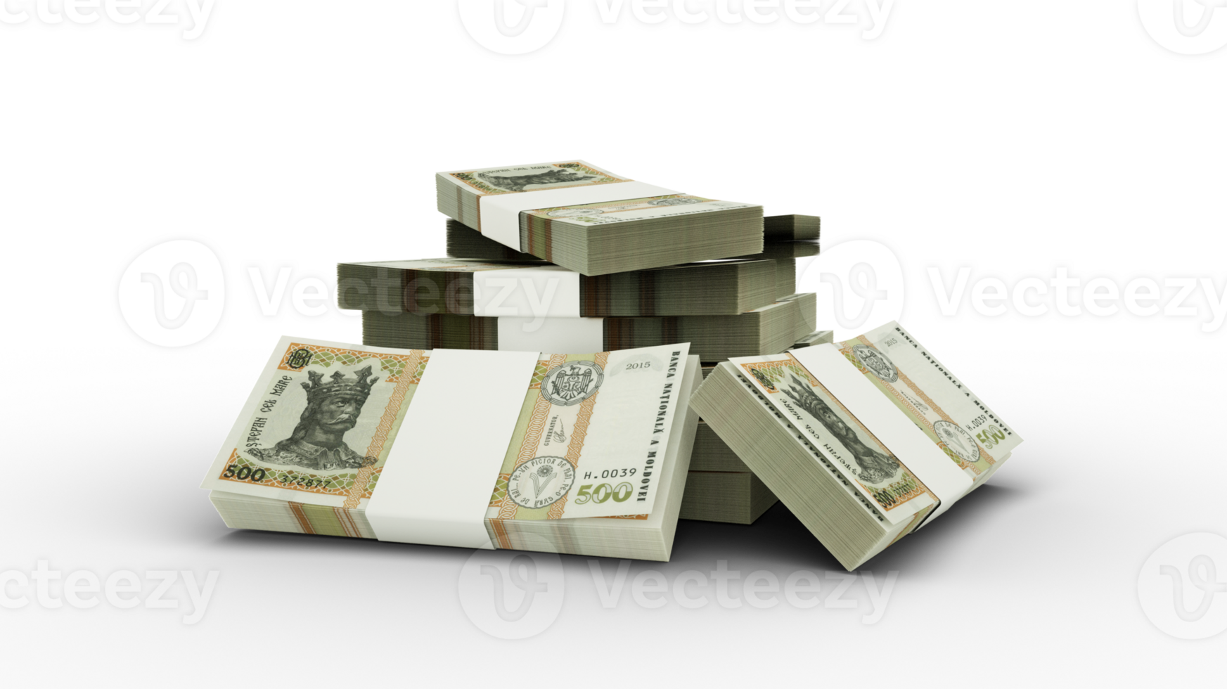 3d rendering of Stack of Moldovan leu notes. bundles of Moldovan currency notes isolated on transparent background png