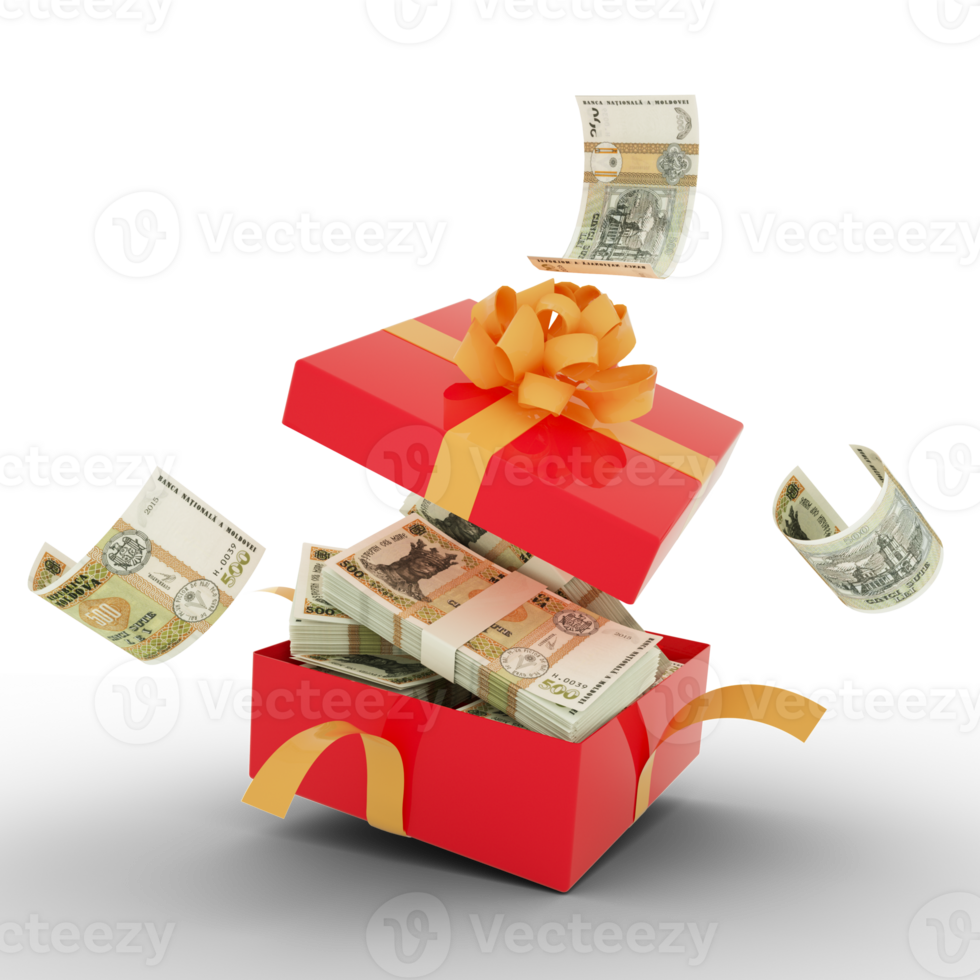 Moldovan leu notes inside an open red gift box. Moldovan leu inside and flying around a gift box. 3d rendering of money inside box isolated on transparent background png