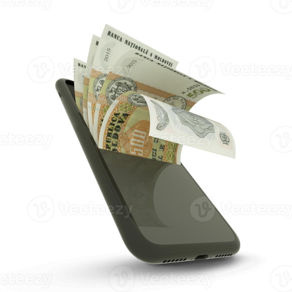 3D rendering of Moldovan leu notes inside a mobile phone. money coming out of mobile phone png