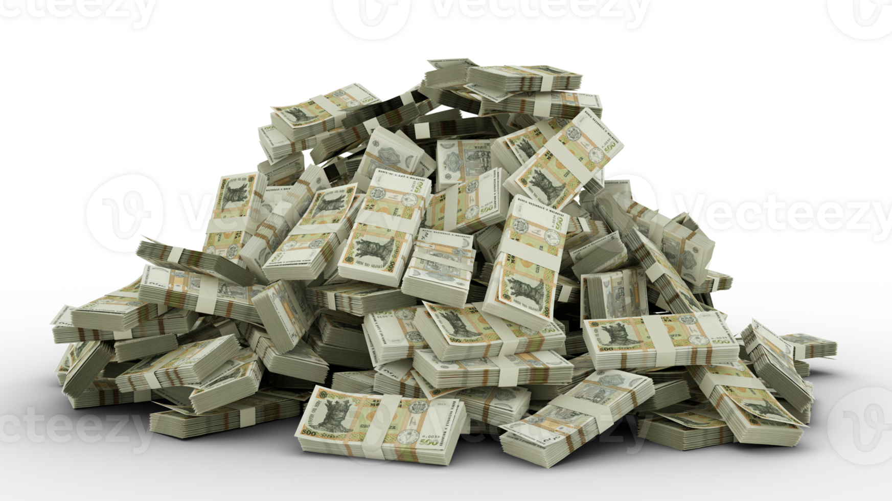 Big pile of Moldovan leu notes a lot of money over transparent background. 3d rendering of bundles of cash png