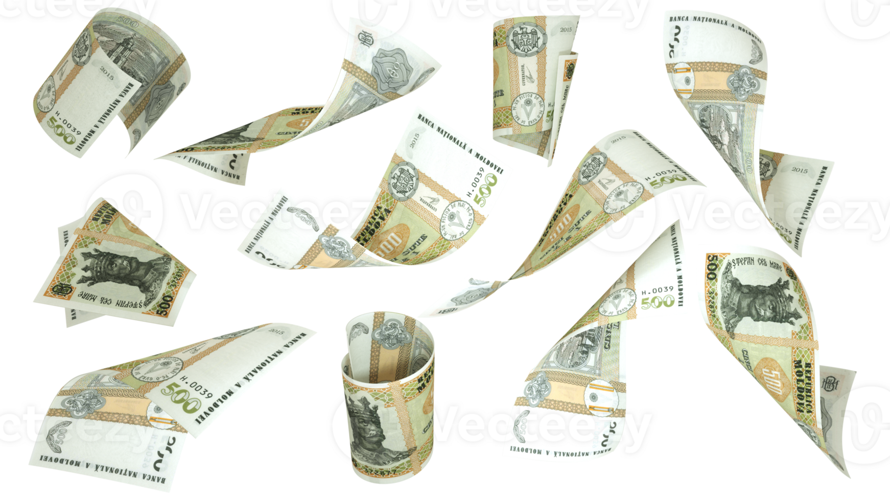 3D rendering of Moldovan leu notes flying in different angles and orientations isolated on transparent background png